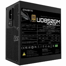 Fuente De Poder Gigabyte Ud850gm Pg5 V2, 850 W, Atx 3.1, 80 Plus Gold, Full-modular, Blanco